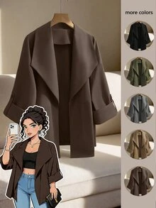GlowEve CURVE Chaqueta holgada de mujer talla grande con mangas enrollables, de unicolor, versátil para uso diario, trabajo y trayectos, otoño/invierno - Marrón - Ver 1