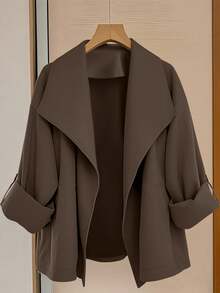 GlowEve CURVE Chaqueta holgada de mujer talla grande con mangas enrollables, de unicolor, versátil para uso diario, trabajo y trayectos, otoño/invierno - Marrón - Ver 6