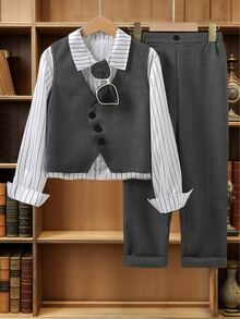 Tween Boy Gentleman 2 Pieces Set,Solid Color Minimalist Design Vest+Trousers,Grey,Summer,Elegant,Traditional,Wedding,Back-To-School Formal Outfit - Dark Grey - View 2