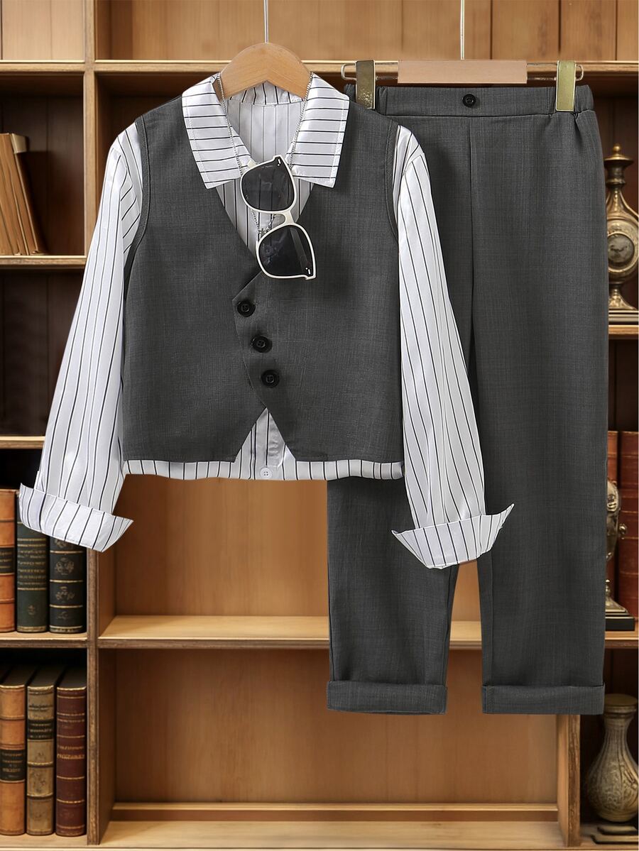 Tween Boy Gentleman 2 Pieces Set,Solid Color Minimalist Design Vest+Trousers,Grey,Summer,Elegant,Traditional,Wedding,Back-To-School Formal Outfit