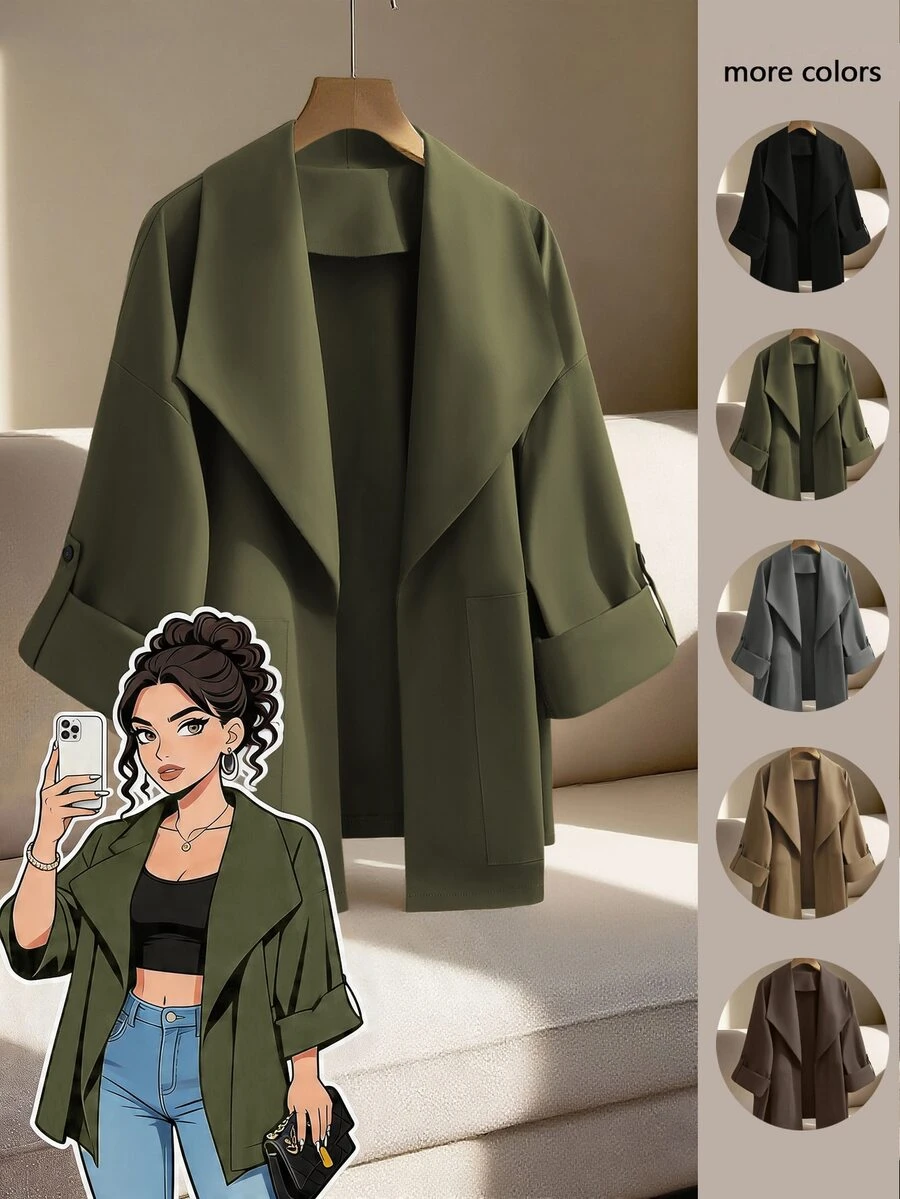GlowEve CURVE Plus Size Women's Solid Color Lapel Casual Windbreaker Jacket Fall - Army Green - View 1