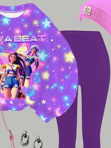 Tween女孩休閒可愛亮面星星卡通女團印花 K-Pop Superstars 圓領長袖衛衣與內搭褲兩件套，適合秋冬穿著 - 彩色 - 查看 5