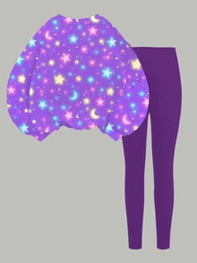 Tween女孩休閒可愛亮面星星卡通女團印花 K-Pop Superstars 圓領長袖衛衣與內搭褲兩件套，適合秋冬穿著 - 彩色 - 查看 3