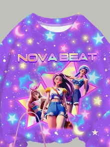 Tween女孩休閒可愛亮面星星卡通女團印花 K-Pop Superstars 圓領長袖衛衣與內搭褲兩件套，適合秋冬穿著 - 彩色 - 查看 4