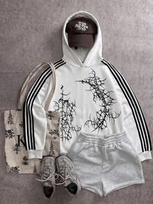 Attitoon Striped Side Graphic Print Hoodie - Multicolor - View 1