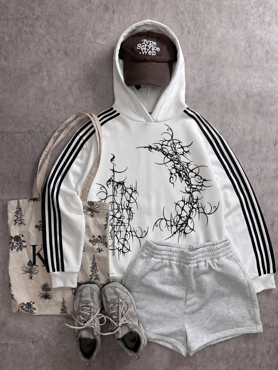 Attitoon Striped Side Graphic Print Hoodie - Multicolor - View 1