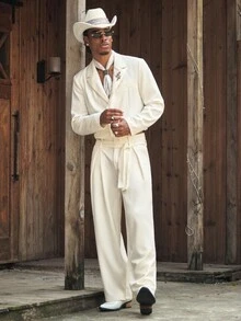 CalleClaro Men's Lapel NeckLong Sleeve Jacket And Pants Suit Set - Beige - View 5