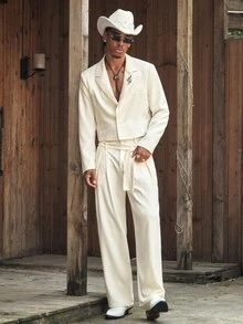 CalleClaro Men's Lapel NeckLong Sleeve Jacket And Pants Suit Set - Beige - View 2