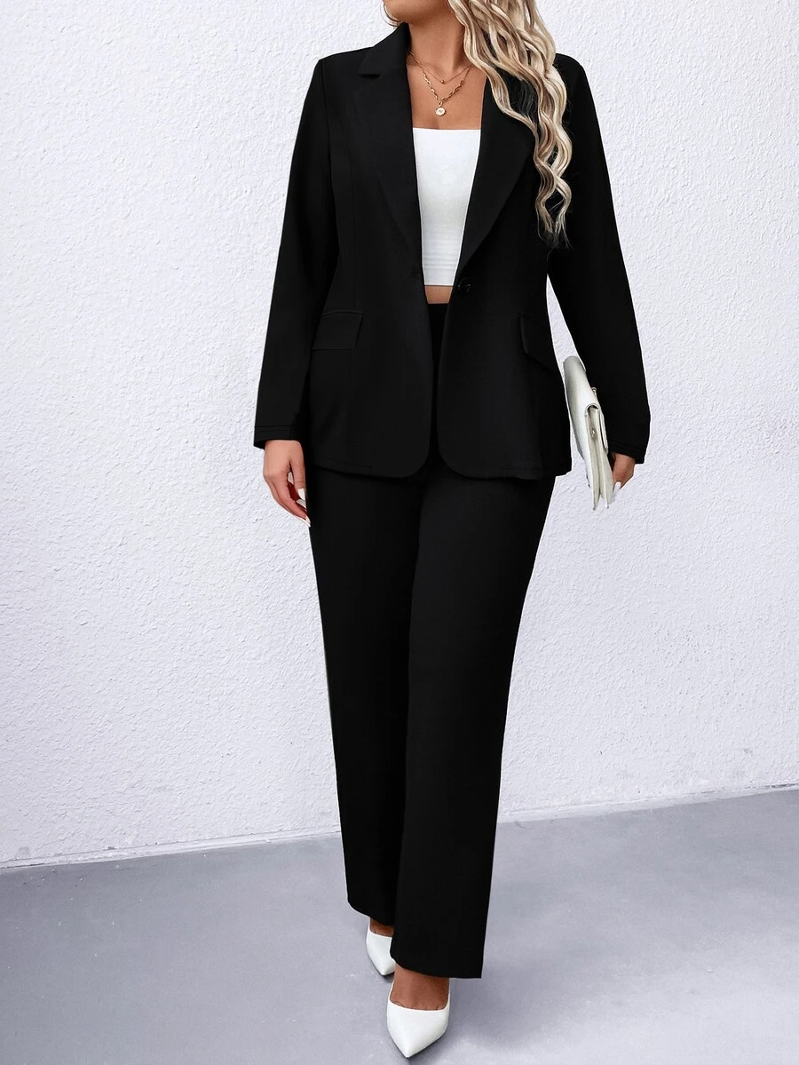 Elenzga Plus Solid Lapel Neck Single Button Blazer & Pants Graduation,Back To School,Teacher Outfits For Women Fall Cloth For Women Autumn - Black - View 1