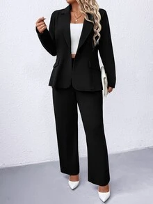 Elenzga Plus Solid Lapel Neck Single Button Blazer & Pants Graduation,Back To School,Teacher Outfits For Women Fall Cloth For Women Autumn - Black - View 5