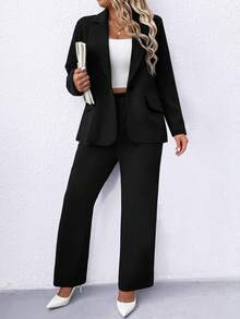 Elenzga Plus Solid Lapel Neck Single Button Blazer & Pants Graduation,Back To School,Teacher Outfits For Women Fall Cloth For Women Autumn - Black - View 6
