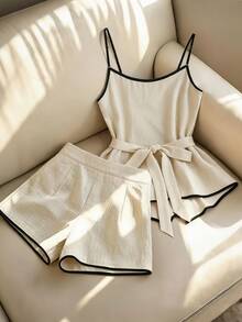 SHEIN Franclia Summer, Holiday, Elegant Party, June Festival, Beach Vacation, Commute, Date, Holiday Outing Outfit, Waist-Cinched Color-Block Camisole Top And Shorts Set - Apricot - View 2