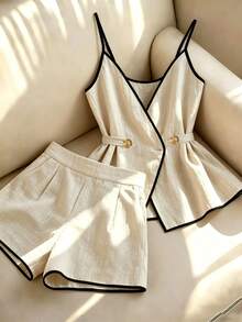 SHEIN Franclia Summer, Holiday, Elegant Party, June Festival, Beach Vacation, Commute, Date, Holiday Outing Outfit, Waist-Cinched Color-Block Camisole Top And Shorts Set - Apricot - View 1