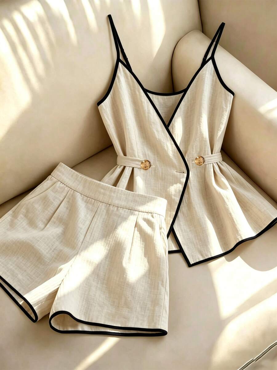 SHEIN Franclia Summer, Holiday, Elegant Party, June Festival, Beach Vacation, Commute, Date, Holiday Outing Outfit, Waist-Cinched Color-Block Camisole Top And Shorts Set - Apricot - View 1