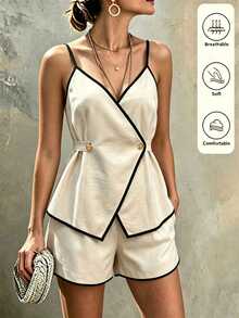 SHEIN Franclia Summer, Holiday, Elegant Party, June Festival, Beach Vacation, Commute, Date, Holiday Outing Outfit, Waist-Cinched Color-Block Camisole Top And Shorts Set - Apricot - View 3