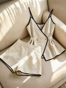 SHEIN Franclia Summer, Holiday, Elegant Party, June Festival, Beach Vacation, Commute, Date, Holiday Outing Outfit, Waist-Cinched Color-Block Camisole Top And Shorts Set - Apricot - View 4
