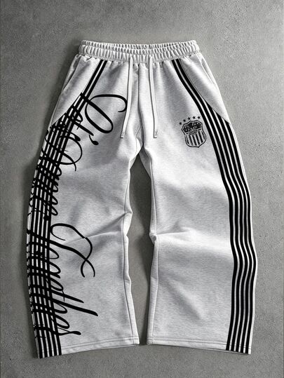 Manfinity EMRG Men's Letter Graphic Side-Stripe Wide Leg Sweatpants, Drawstring Pants For Casual Streetwear, Fall Clothes, Fall Outfits, New Fall Styles