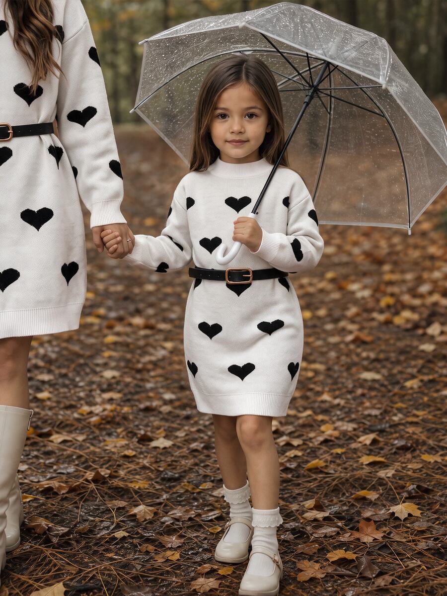 Emery Rose Kids Emery Rose Kids 女童針織愛心圖案小立領休閒毛衣連身裙,秋冬款 - 白色 - 查看 1