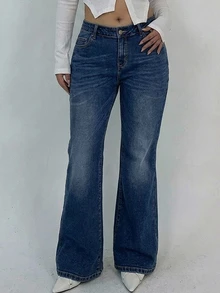 Dazy Plus Celana Jeans Slim Fit Flare Leg dengan Saku, Model Skinny Denim Stretch Elegan untuk Musim Gugur - Medium Wash - View 2