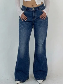 Dazy Plus Celana Jeans Slim Fit Flare Leg dengan Saku, Model Skinny Denim Stretch Elegan untuk Musim Gugur - Medium Wash - View 1