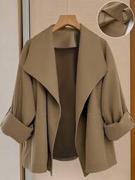 SHEIN LUNE CURVE Saiz Besar Wanita Warna Pejal Lengan Gulung Jaket Windbreaker Kasual Longgar, Musim Gugur