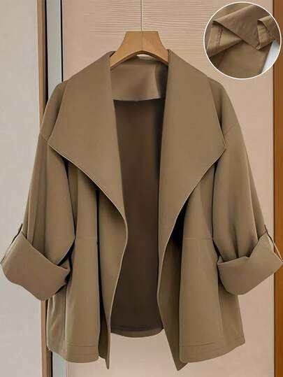 SHEIN LUNE CURVE Plus Size Women Solid Color Rolled Sleeve Loose Casual Windbreaker Jacket, Autumn Fall