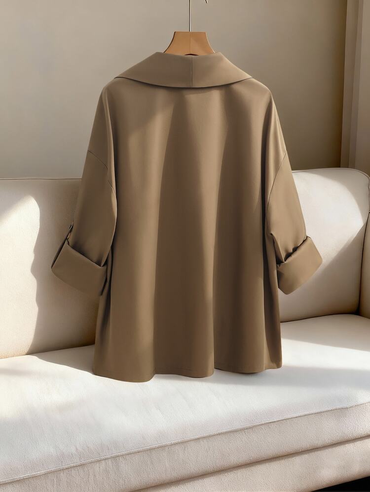 SHEIN LUNE CURVE Plus Size Women Solid Color Rolled Sleeve Loose Casual Windbreaker Jacket, Autumn Fall - Khaki - View 2