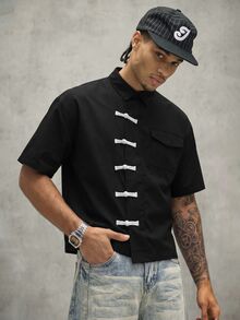 PAVTROS Loose-Fit Men's Short-Sleeve Shirt With Oriental Buttons, Stylish Summer Top And Ideal Gift For Men - Black - View 3