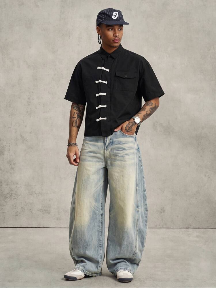 PAVTROS Loose-Fit Men's Short-Sleeve Shirt With Oriental Buttons, Stylish Summer Top And Ideal Gift For Men - Black - View 1