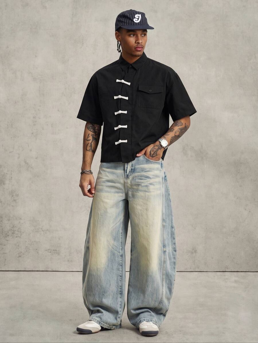 PAVTROS Loose-Fit Men's Short-Sleeve Shirt With Oriental Buttons, Stylish Summer Top And Ideal Gift For Men - Black - View 1