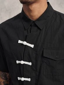 PAVTROS Loose-Fit Men's Short-Sleeve Shirt With Oriental Buttons, Stylish Summer Top And Ideal Gift For Men - Black - View 4
