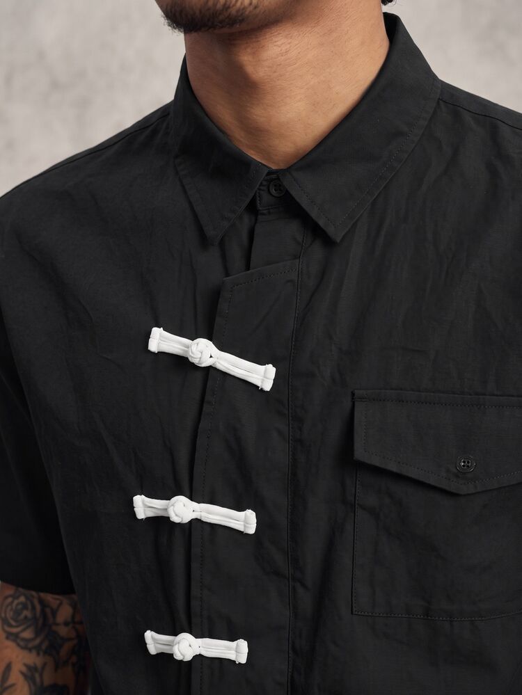 PAVTROS Loose-Fit Men's Short-Sleeve Shirt With Oriental Buttons, Stylish Summer Top And Ideal Gift For Men - Black - View 4