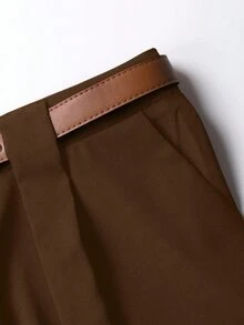 SHEIN Tall CURVE 加大码 TALL 系列女士简约褶裥直筒裤，适合通勤 - 棕色 - 查看 6