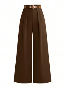 SHEIN Tall CURVE 加大码 TALL 系列女士简约褶裥直筒裤，适合通勤 - 棕色 - 查看 8
