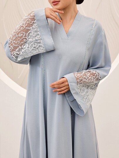 Al Najma Contrast Lace Cuff V-Neck Loose Fit Foggy Blue Daily Women's Turkish Long Shirt & Arabic Traditional Long Shirt