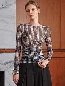 Anewsta Autumn/Winter High Elasticity Slightly Sheer Inner Layer Versatile Houndstooth Pattern Slim Fit Long Sleeve Ruched Urban Modern European American Brazilian Style Women's T-Shirt - Black and White - View 3