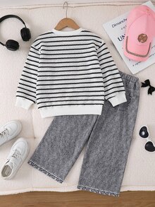 SHEIN Young Girl Striped Sweatshirt & Cartoon Graphic Denim-Effect Print Pants Set - Black and White - View 4