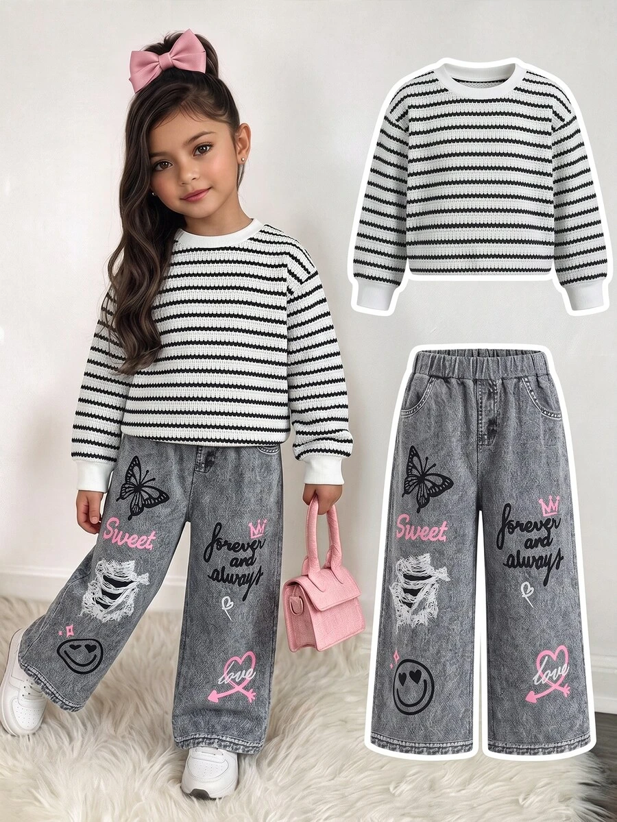 SHEIN Young Girl Striped Sweatshirt & Cartoon Graphic Denim-Effect Print Pants Set - Black and White - View 1