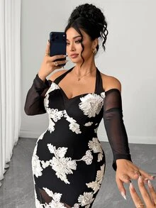 Elenzga Plus Size Dual-Color 3D Embroidered Off Shoulder Long Sleeve Ruffle Sleeve Cinched Waist Umbrella Hem Fishtail Hem Tie Neck Long Dress Elegant Outing Date Party Gathering Exquisite Dress - Black - View 6