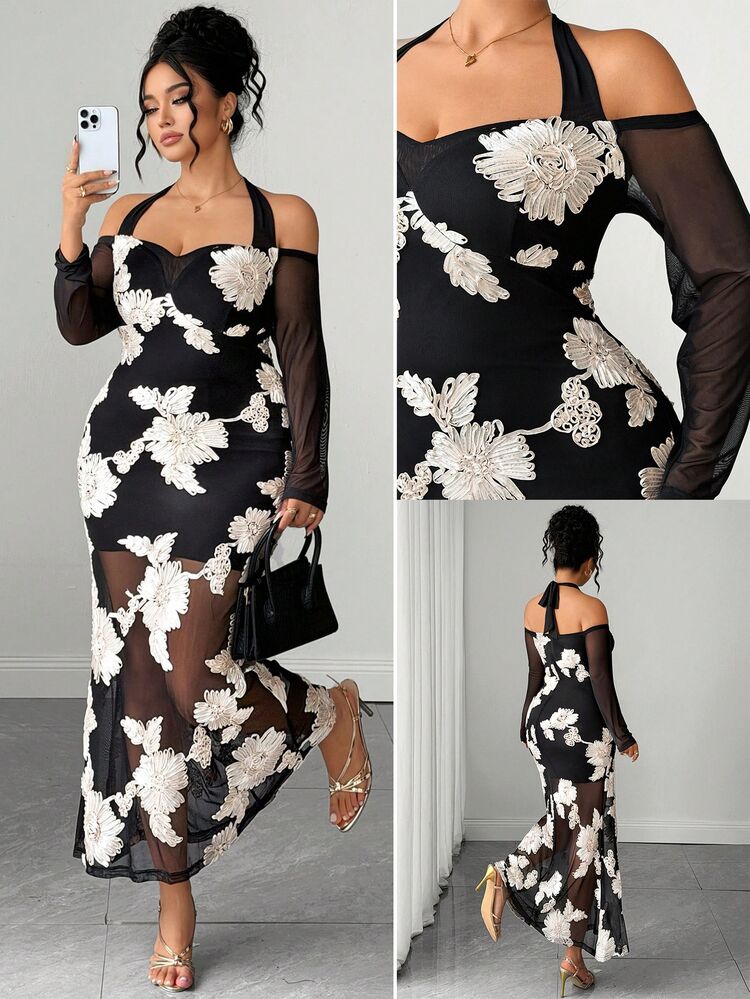 Elenzga Plus Size Dual-Color 3D Embroidered Off Shoulder Long Sleeve Ruffle Sleeve Cinched Waist Umbrella Hem Fishtail Hem Tie Neck Long Dress Elegant Outing Date Party Gathering Exquisite Dress - Black - View 8