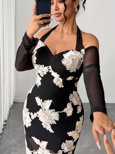 Elenzga Plus Size Dual-Color 3D Embroidered Off Shoulder Long Sleeve Ruffle Sleeve Cinched Waist Umbrella Hem Fishtail Hem Tie Neck Long Dress Elegant Outing Date Party Gathering Exquisite Dress