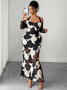Elenzga Plus Size Dual-Color 3D Embroidered Off Shoulder Long Sleeve Ruffle Sleeve Cinched Waist Umbrella Hem Fishtail Hem Tie Neck Long Dress Elegant Outing Date Party Gathering Exquisite Dress - Black - View 4