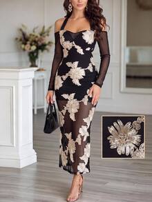 Elenzga Plus Size Dual-Color 3D Embroidered Off Shoulder Long Sleeve Ruffle Sleeve Cinched Waist Umbrella Hem Fishtail Hem Tie Neck Long Dress Elegant Outing Date Party Gathering Exquisite Dress - Black - View 3
