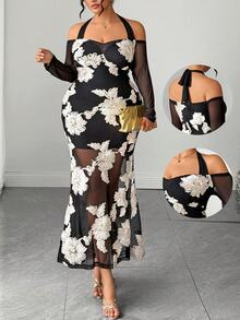 Elenzga Plus Size Dual-Color 3D Embroidered Off Shoulder Long Sleeve Ruffle Sleeve Cinched Waist Umbrella Hem Fishtail Hem Tie Neck Long Dress Elegant Outing Date Party Gathering Exquisite Dress - Black - View 9