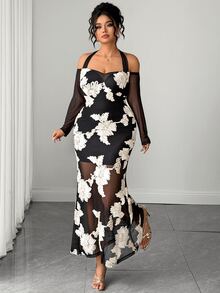 Elenzga Plus Size Dual-Color 3D Embroidered Off Shoulder Long Sleeve Ruffle Sleeve Cinched Waist Umbrella Hem Fishtail Hem Tie Neck Long Dress Elegant Outing Date Party Gathering Exquisite Dress - Black - View 7