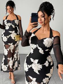 Elenzga Plus Size Dual-Color 3D Embroidered Off Shoulder Long Sleeve Ruffle Sleeve Cinched Waist Umbrella Hem Fishtail Hem Tie Neck Long Dress Elegant Outing Date Party Gathering Exquisite Dress - Black - View 11