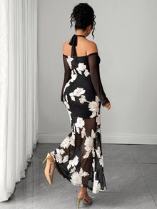 Elenzga Plus Size Dual-Color 3D Embroidered Off Shoulder Long Sleeve Ruffle Sleeve Cinched Waist Umbrella Hem Fishtail Hem Tie Neck Long Dress Elegant Outing Date Party Gathering Exquisite Dress - Black - View 2