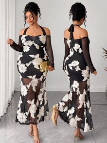 Elenzga Plus Size Dual-Color 3D Embroidered Off Shoulder Long Sleeve Ruffle Sleeve Cinched Waist Umbrella Hem Fishtail Hem Tie Neck Long Dress Elegant Outing Date Party Gathering Exquisite Dress - Black - View 10