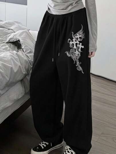 Attitoon Women's Black N White Cross Floral Print Straight Leg Sweatpants,Warm Loose Front Tie Gothabilly Pants For Winter Date,Vintage Punk Y2K Casual Party