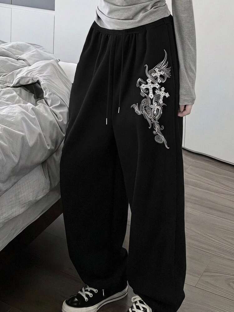 Attitoon Women's Black N White Cross Floral Print Straight Leg Sweatpants,Warm Loose Front Tie Gothabilly Pants For Winter Date,Vintage Punk Y2K Casual Party - Black - View 1
